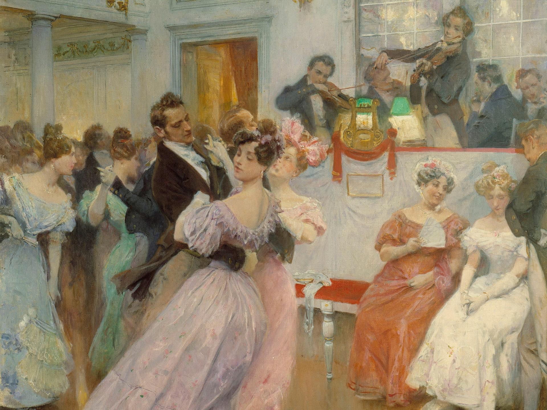 "Joseph Lanner und Johann Strauss", Gemälde von Charles Wilda aus dem Jahr 1906. Festlich gekleidete Menschen tanzen Walzer in Wien in einem Ballsaal.
