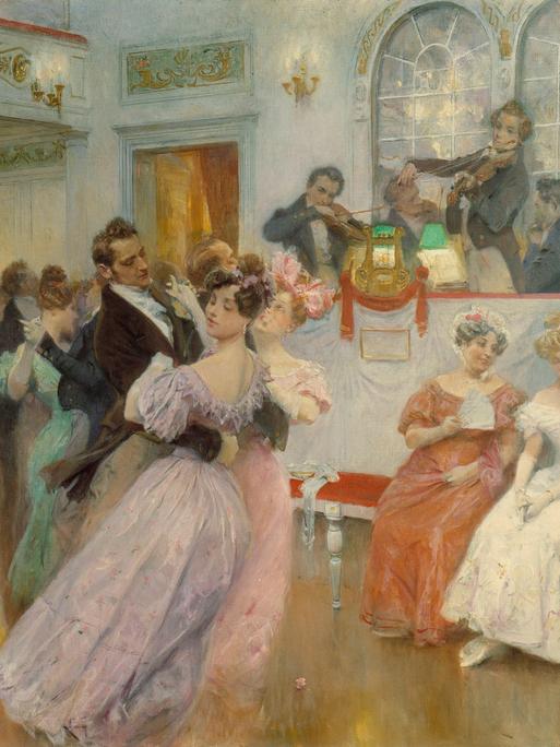 "Joseph Lanner und Johann Strauss", Gemälde von Charles Wilda aus dem Jahr 1906. Festlich gekleidete Menschen tanzen Walzer in Wien in einem Ballsaal.