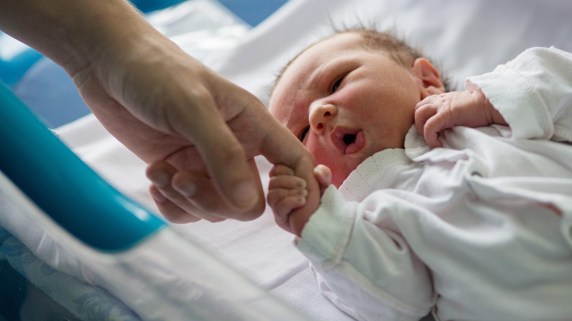Ein neugeborenes Baby das in einer kleinen Krankenhaus-Krippe liegt, hält den Finger eines Erwachsenen.