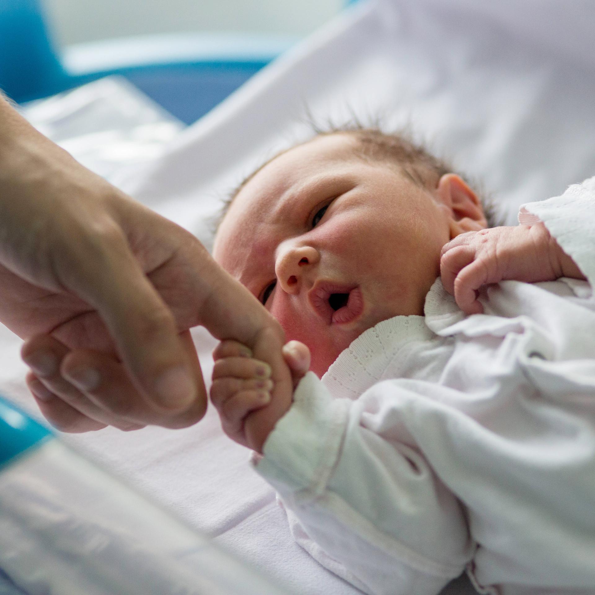 Ein neugeborenes Baby, das in einer kleinen Krankenhaus-Krippe liegt, hält den Finger eines Erwachsenen.