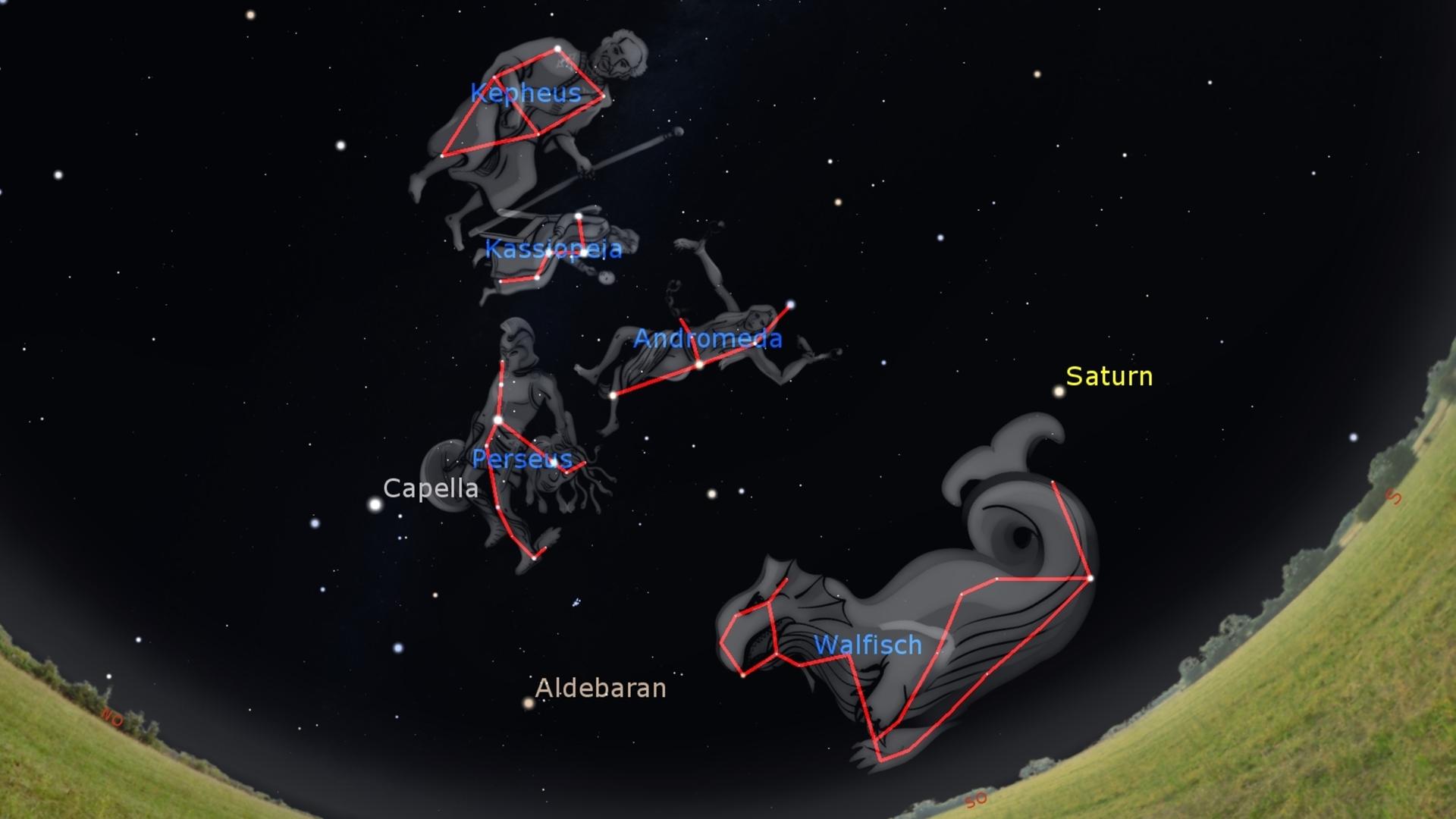 Der abendliche Sternenhimmel. Zu sehen sind auf einer Fisheye-Aufnahme unter anderem die Sternbilder Kassiopeia und Andromeda. Der abendliche Sternenhimmel. Zu sehen sind auf einer Fisheye-Aufnahme unter anderem die Sternbilder Kassiopeia und Andromeda.