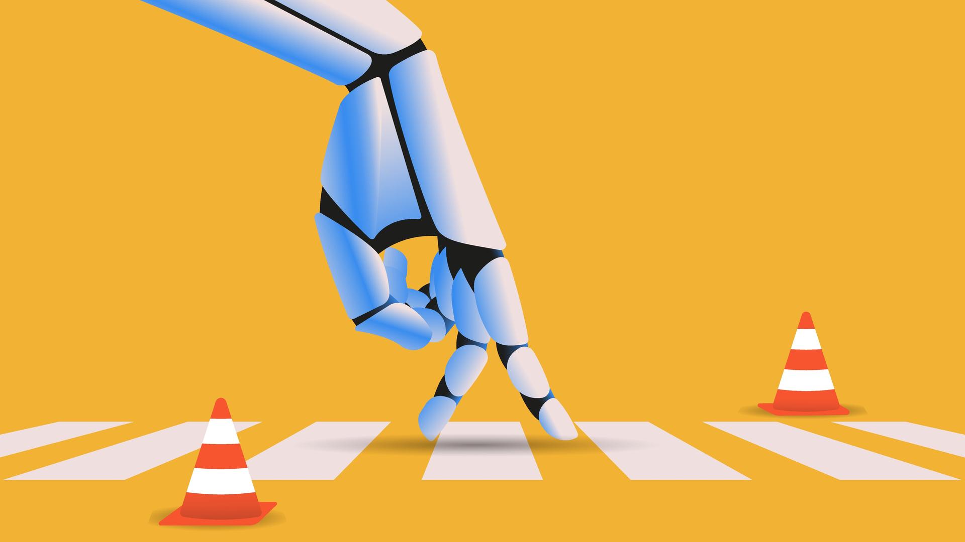 Illustration: Roboterhand auf einem Zebrastreifen als Symbolbild für Regulierung künstlicher Intelligenz, KI-Ethik, Recht und Technologie.