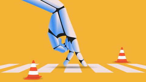 Illustration: Roboterhand auf einem Zebrastreifen als Symbolbild für Regulierung künstlicher Intelligenz, KI-Ethik, Recht und Technologie. Illustration: Roboterhand auf einem Zebrastreifen als Symbolbild für Regulierung künstlicher Intelligenz, KI-Ethik, Recht und Technologie.