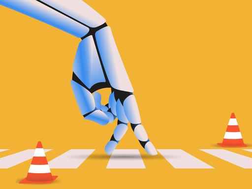 Illustration: Roboterhand auf einem Zebrastreifen als Symbolbild für Regulierung künstlicher Intelligenz, KI-Ethik, Recht und Technologie.