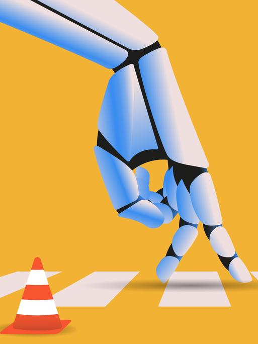 Illustration: Roboterhand auf einem Zebrastreifen als Symbolbild für Regulierung künstlicher Intelligenz, KI-Ethik, Recht und Technologie. Illustration: Roboterhand auf einem Zebrastreifen als Symbolbild für Regulierung künstlicher Intelligenz, KI-Ethik, Recht und Technologie.
