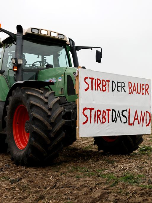 Traktor mit einem Schild: "Stirbt der Bauer, stirbt das Land". Teilnehmer der Bauernproteste fahren in Köln mit ihren Traktoren im Korso.