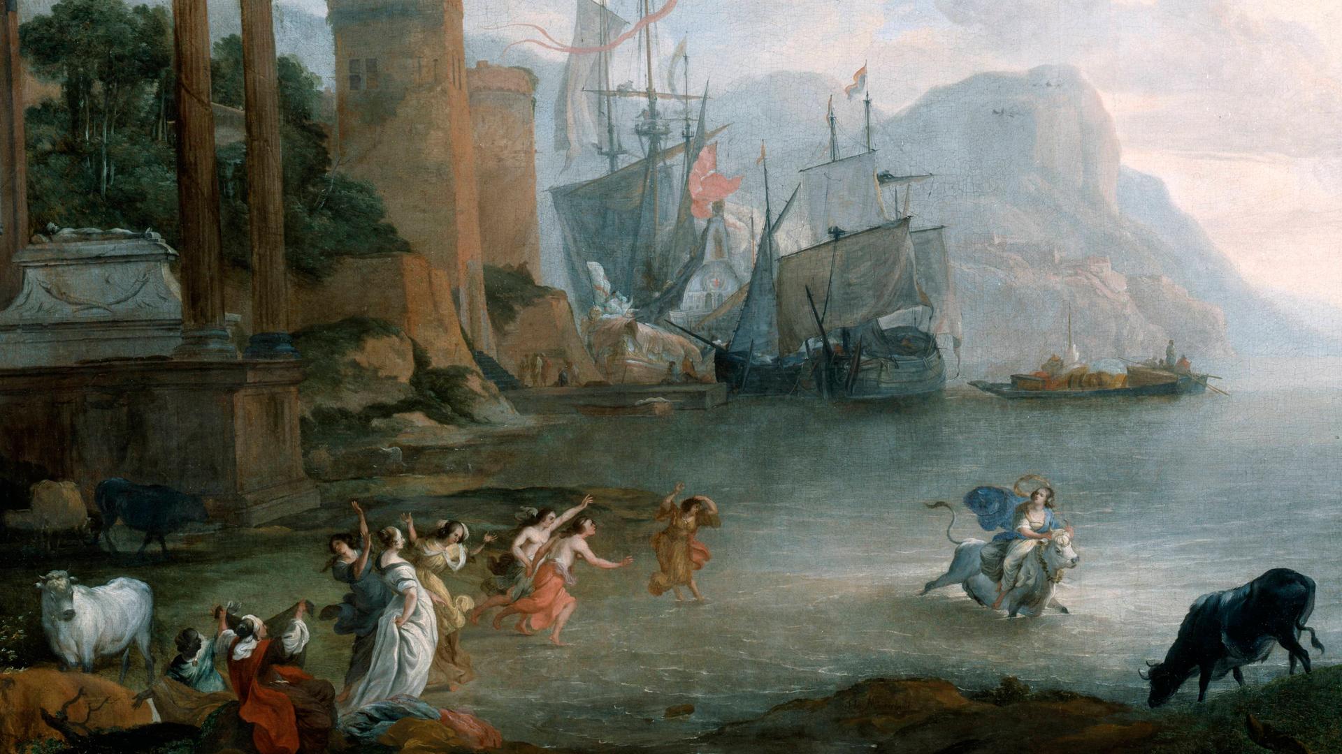 Das Gemälde der "Entführung der Europa" von Hendrick van Minderhout aus dem 17. Jahrhundert zeigt die Küste einer antiken Ortschaft und eine Frau - Europa - die von einem Stier über das Meer davon getragen wird, während andere Frauen ihr hinterherhechten.