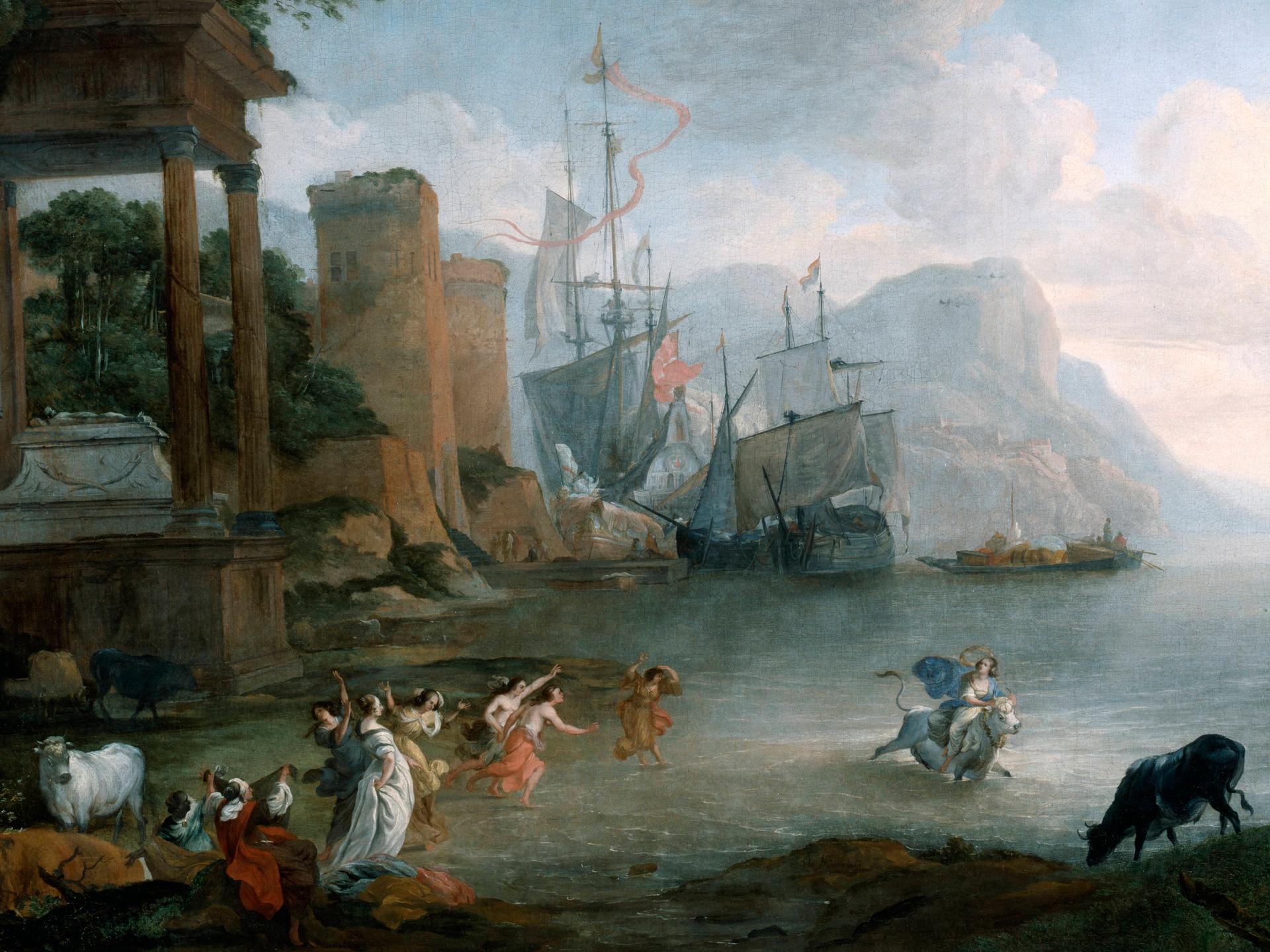 Das Gemälde der "Entführung der Europa" von Hendrick van Minderhout aus dem 17. Jahrhundert zeigt die Küste einer antiken Ortschaft und eine Frau - Europa - die von einem Stier über das Meer davon getragen wird, während andere Frauen ihr hinterherhechten.