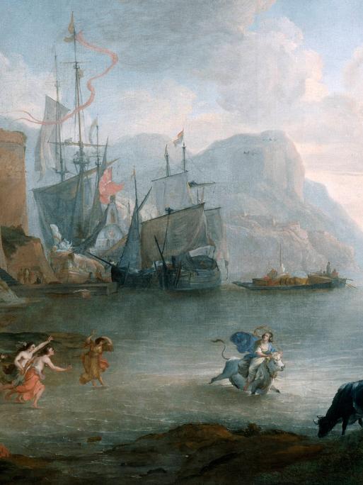 Das Gemälde der "Entführung der Europa" von Hendrick van Minderhout aus dem 17. Jahrhundert zeigt die Küste einer antiken Ortschaft und eine Frau - Europa - die von einem Stier über das Meer davon getragen wird, während andere Frauen ihr hinterherhechten.