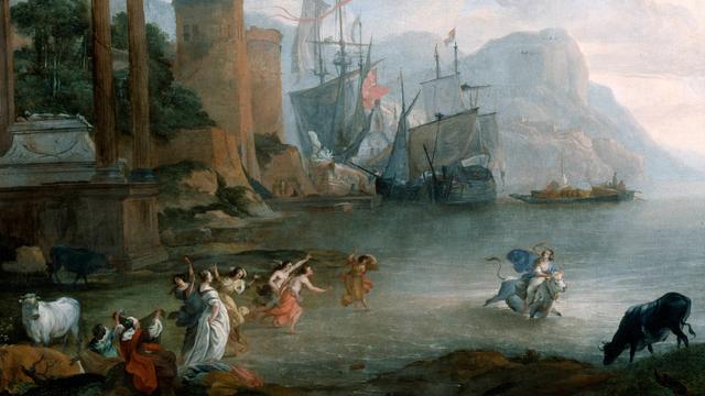 Das Gemälde der "Entführung der Europa" von Hendrick van Minderhout aus dem 17. Jahrhundert zeigt die Küste einer antiken Ortschaft und eine Frau - Europa - die von einem Stier über das Meer davon getragen wird, während andere Frauen ihr hinterherhechten.