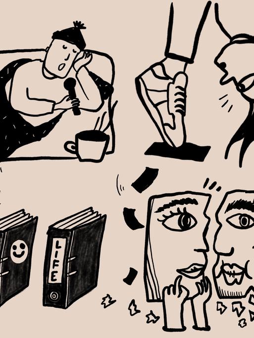 4 Skizzen im Quadrat angeordnet, eine Person, die sich weit vornüberbeugt, so dass nur Schuhe und Kopf zu sehen sind, 2 sich gegenüberstehede Gesichtsprofile, 2 Bücher und eine liegende Person unter einer Decke mit Mikrofon 4 Skizzen im Quadrat angeordnet, eine Person, die sich weit vornüberbeugt, so dass nur Schuhe und Kopf zu sehen sind, 2 sich gegenüberstehede Gesichtsprofile, 2 Bücher und eine liegende Person unter einer Decke mit Mikrofon