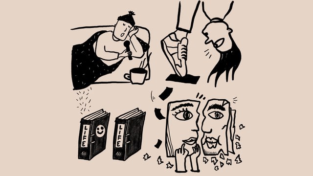 4 Skizzen im Quadrat angeordnet, eine Person, die sich weit vornüberbeugt, so dass nur Schuhe und Kopf zu sehen sind, 2 sich gegenüberstehede Gesichtsprofile, 2 Bücher und eine liegende Person unter einer Decke mit Mikrofon