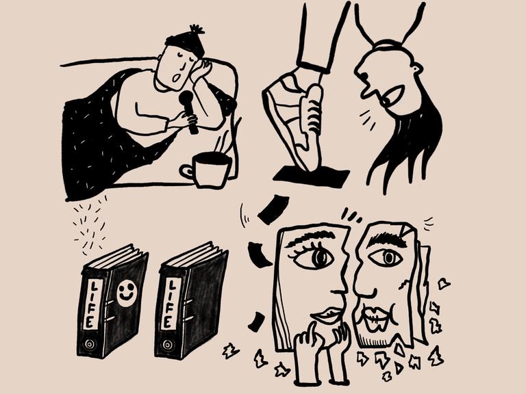 4 Skizzen im Quadrat angeordnet, eine Person, die sich weit vornüberbeugt, so dass nur Schuhe und Kopf zu sehen sind, 2 sich gegenüberstehede Gesichtsprofile, 2 Bücher und eine liegende Person unter einer Decke mit Mikrofon 4 Skizzen im Quadrat angeordnet, eine Person, die sich weit vornüberbeugt, so dass nur Schuhe und Kopf zu sehen sind, 2 sich gegenüberstehede Gesichtsprofile, 2 Bücher und eine liegende Person unter einer Decke mit Mikrofon