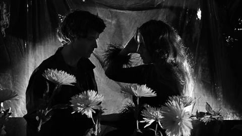 Von starken Schatten umgeben stehen Victoria Legrand und Alex Scally von der Band Beach House vor blühenden Pflanzen