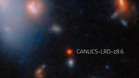 Ein verschwommenen Foto von einer Galaxie mit farbigen Flächen und der Beschriftung "CANUCS-LRD-z8.6".