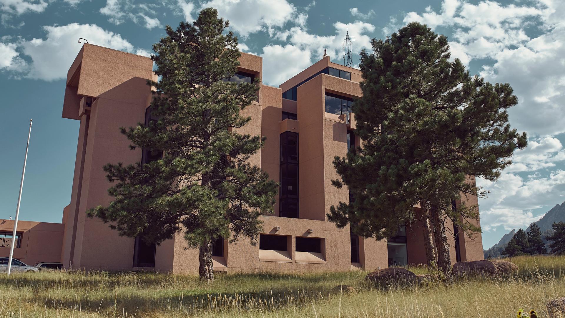 Ein schachtelförmiges Gebäude. Davor stehen zwei Bäume. Ein schachtelförmiges Gebäude. Davor stehen zwei Bäume.