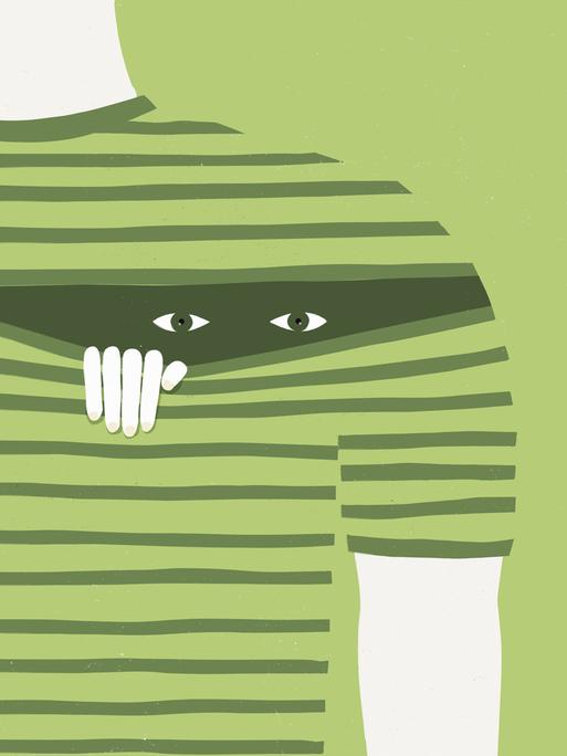 Illustration: Augen spähen aus dem T-Shirt eines Menschen, der sich schämt. Illustration: Augen spähen aus dem T-Shirt eines Menschen, der sich schämt.
