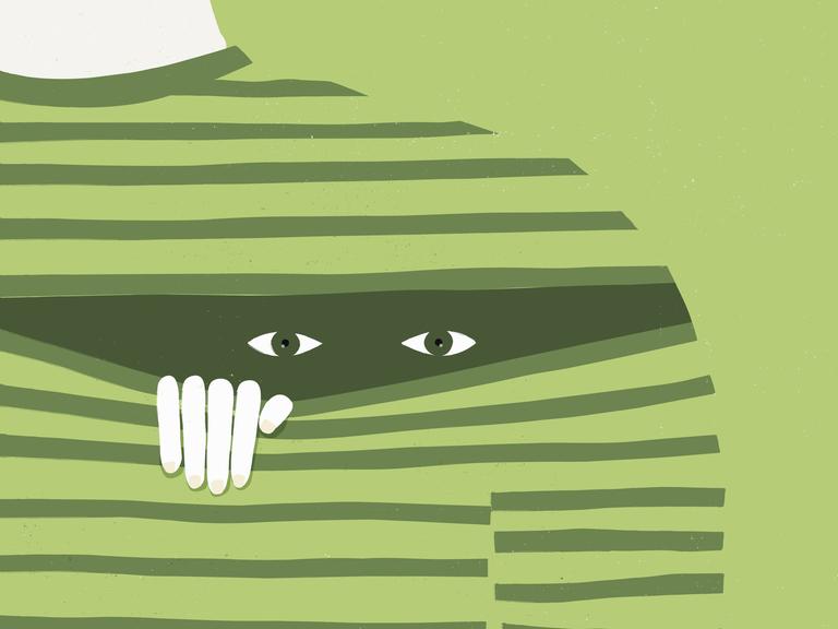 Illustration: Augen spähen aus dem T-Shirt eines Menschen, der sich schämt. Illustration: Augen spähen aus dem T-Shirt eines Menschen, der sich schämt.