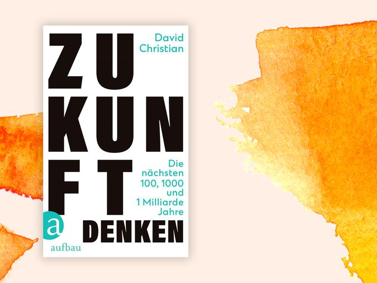 Cover-Collage von David Christian "Zukunft Denken" vor Aquarell-Hintergrund
