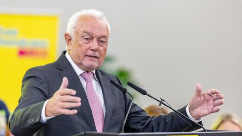 Wolfgang Kubicki spricht zu Delegierten in Neumünster. Er hat einen grauen Anzug an und eine rosa Krawatte.