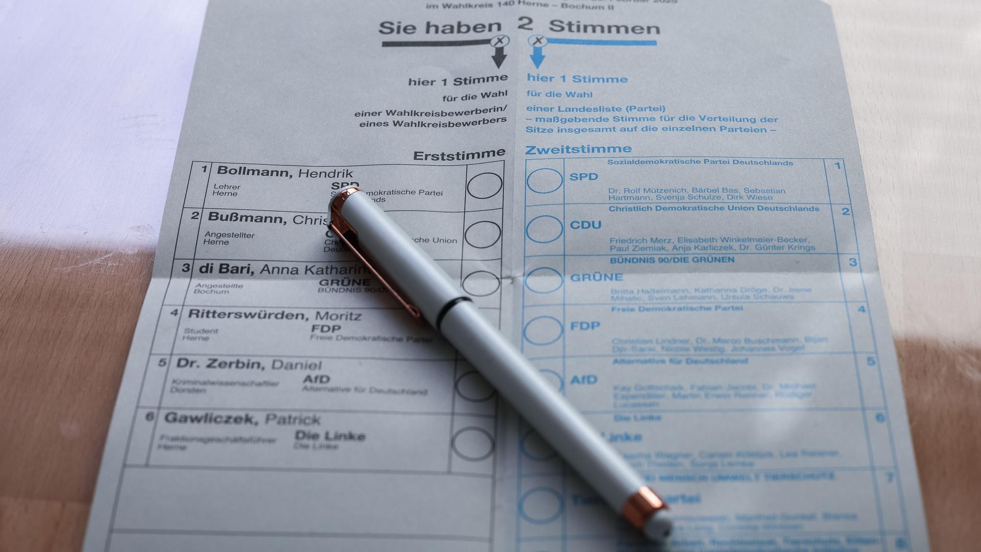 Ein Stimmzettel zur Bundestagswahl 2025