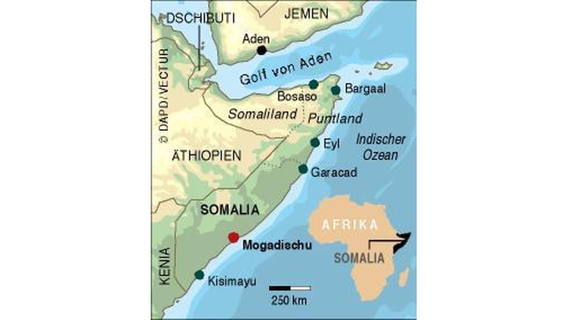 Das Bild zeigt eine Grafik mit einer Landkarte von Somalia und der Lage des Landes auf dem afrikanischen Kontinent