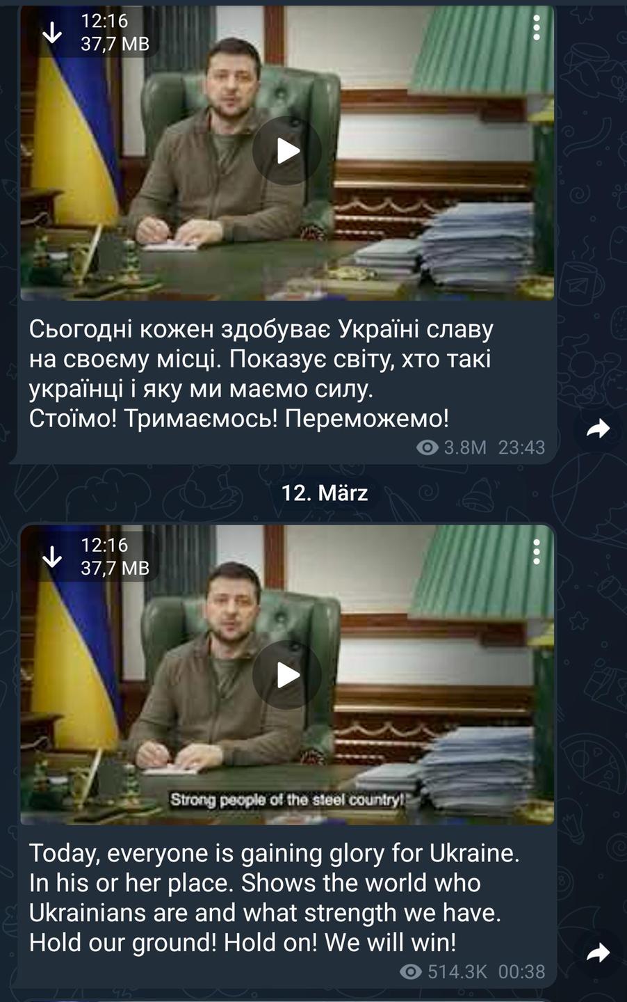 Screenshot eines ukrainischen Telegram-Kanals, der die Ansprachen des ukrainischen Präsidenten Wolodymyr Selenskyi ins Englische übersetzt.