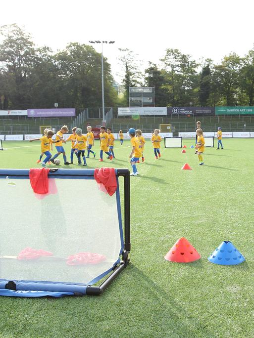 Kinder in gelben Trikots während eines Fußballtrainings auf einem Sportplatz. Im Vordergrund stehen zwei kleine Tore.