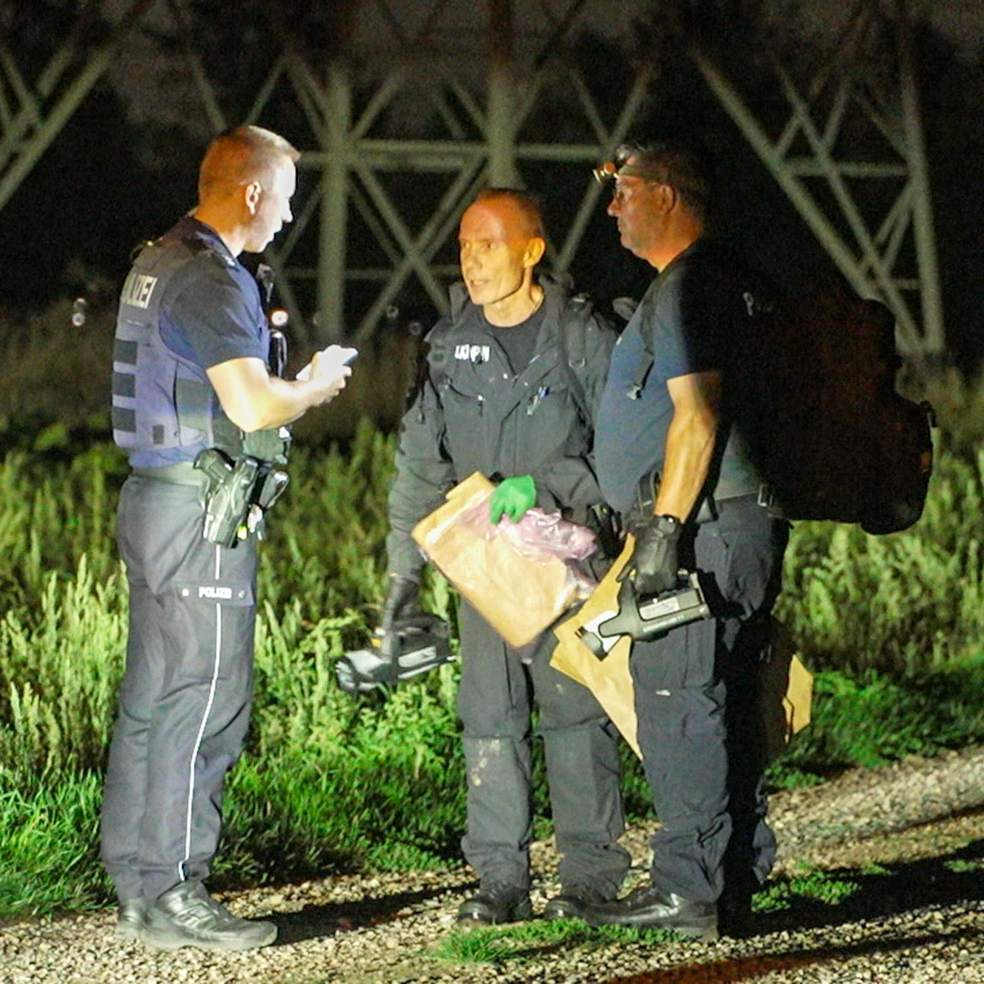 Drei Polizisten steht in der Nacht auf einem feldweg vor einem Strommast. Die Szene wird von einem Scheinwefer beleuchtet.