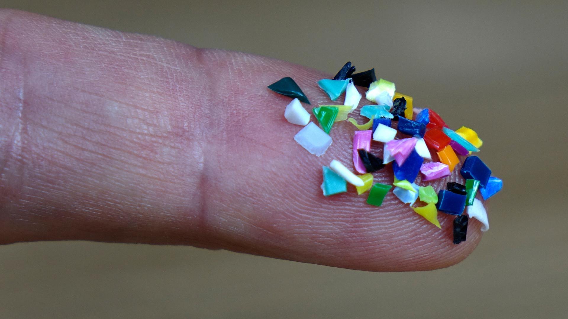 Bunte Mikroplastik-Partikel befinden sich auf einer Fingerspitze. Bunte Mikroplastik-Partikel befinden sich auf einer Fingerspitze.