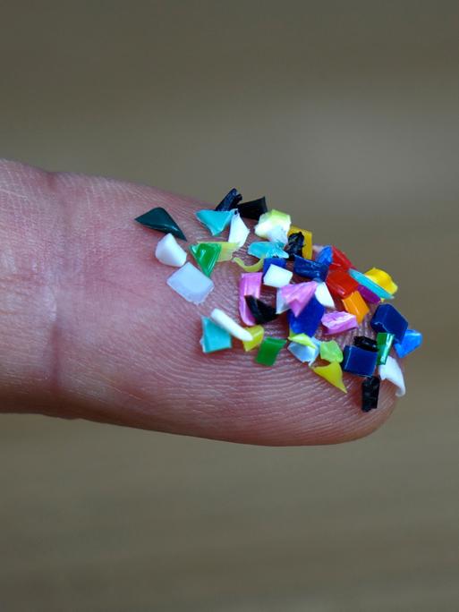 Bunte Mikroplastik-Partikel  befinden sich auf einer Fingerspitze.