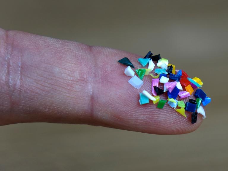 Bunte Mikroplastik-Partikel  befinden sich auf einer Fingerspitze.