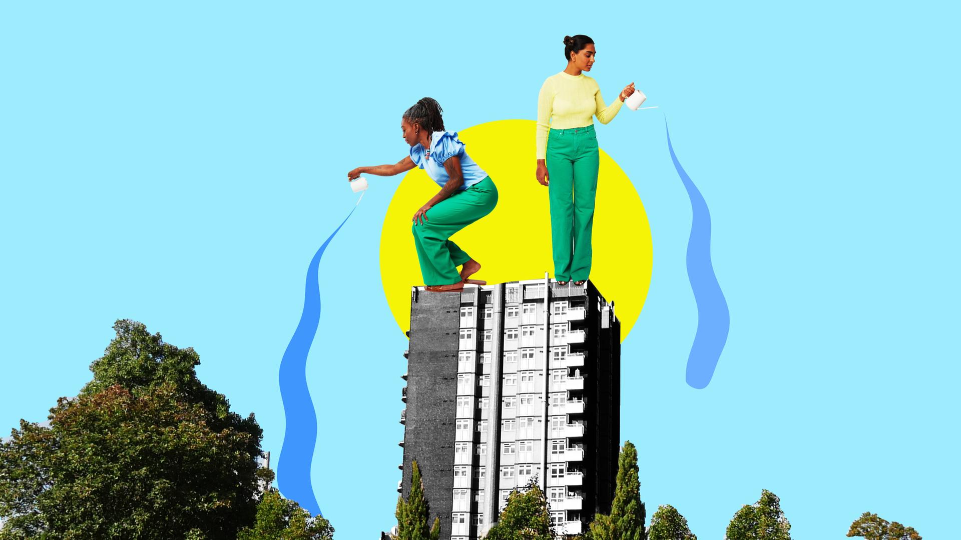 Zeichnung von zwei Frauen auf einem Hochhaus, die vom Dach aus die Bäume gießen. Zeichnung von zwei Frauen auf einem Hochhaus, die vom Dach aus die Bäume gießen.