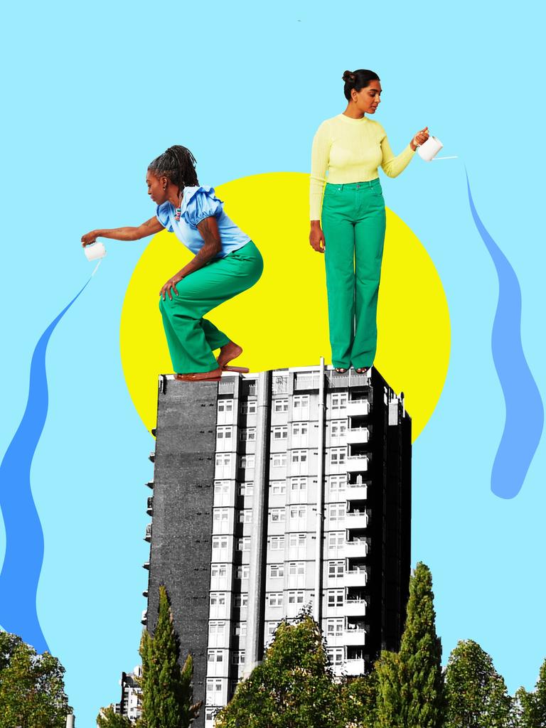 Zeichnung von zwei Frauen auf einem Hochhaus, die vom Dach aus die Bäume gießen.