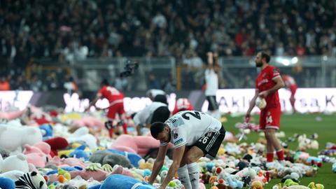 Stofftiere auf dem Rasen im Stadion von Besiktas