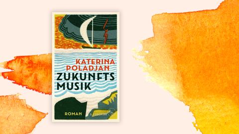 Das Buchcover zeigt den Autorinnamen in orangener Schrift sowie den Buchtitel in schwarzer Schrift auf gemalten Wellen. Darüber ist eine Illustration zu sehen von einem Segelboot auf einem orange-gelben Meer, über dem eine grau-schwarze Wolke dräut, aus der ein roter Blitz schießt. Hinter dem Buchcover sind orangene Farbflecken.