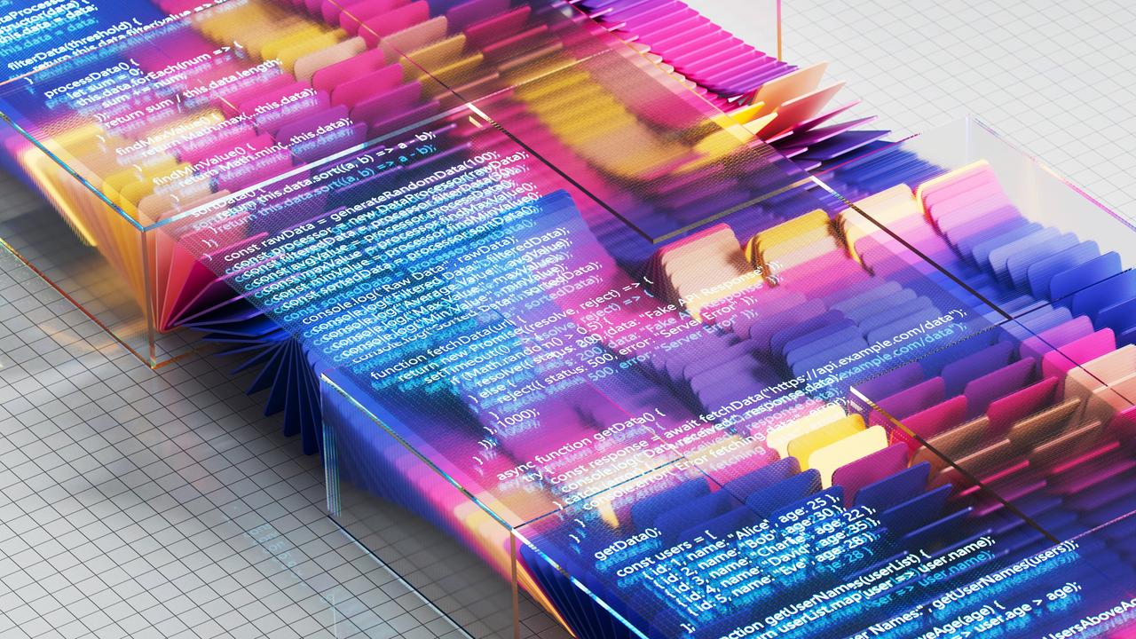 Transparente Tafeln mit Programmcode erzeugen eine visuell Darstellung des Datenflusses und der digitalen Transformation.