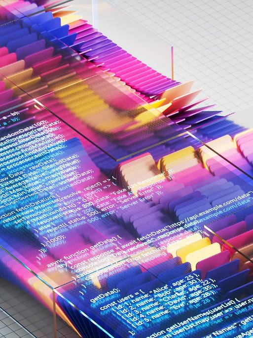 Transparente Tafeln mit Programmcode erzeugen eine visuell Darstellung des Datenflusses und der digitalen Transformation. Transparente Tafeln mit Programmcode erzeugen eine visuell Darstellung des Datenflusses und der digitalen Transformation.