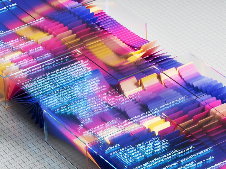 Transparente Tafeln mit Programmcode erzeugen eine visuell Darstellung des Datenflusses und der digitalen Transformation. Transparente Tafeln mit Programmcode erzeugen eine visuell Darstellung des Datenflusses und der digitalen Transformation.