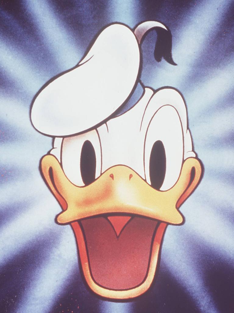 Großaufnahme von Donald Duck, der fröhlich lacht.
