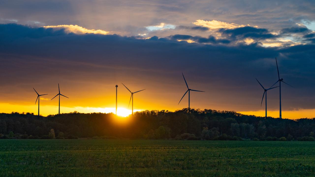 Mehrere Windkraftanlagen stehen bei Sonnenuntergang auf einer bewaldeten Anhöhe hinter einem grünen Feld. Mehrere Windkraftanlagen stehen bei Sonnenuntergang auf einer bewaldeten Anhöhe hinter einem grünen Feld.