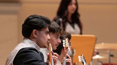 Blick in die Orchesterreihen mit jungen Männern mit Zupfinstrumenten, im Hintergrund steht eine junge  Frau des Ensembles.