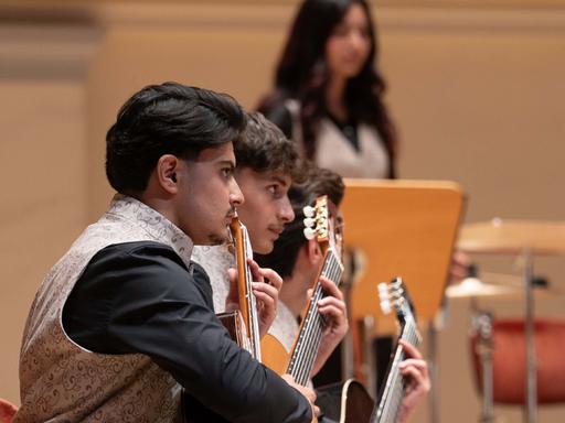 Blick in die Orchesterreihen mit jungen Männern mit Zupfinstrumenten, im Hintergrund steht eine junge  Frau des Ensembles.
