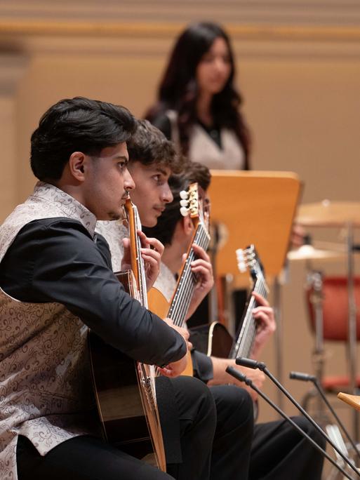 Blick in die Orchesterreihen mit jungen Männern mit Zupfinstrumenten, im Hintergrund steht eine junge  Frau des Ensembles.