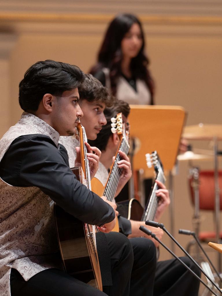 Blick in die Orchesterreihen mit jungen Männern mit Zupfinstrumenten, im Hintergrund steht eine junge  Frau des Ensembles.