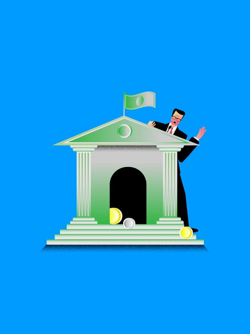 Illustration einer Person, die hinter einem Gebäude mit erhobenem Finger schaut. Auf dem Dach des Gebäudes weht eine Fahne in Form eines Geldscheins. Aus dem Gebäude rollen Münzen.