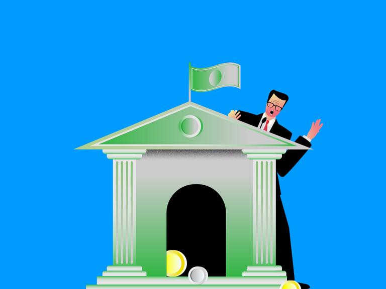 Illustration einer Person, die hinter einem Gebäude mit erhobenem Finger schaut. Auf dem Dach des Gebäudes weht eine Fahne in Form eines Geldscheins. Aus dem Gebäude rollen Münzen.