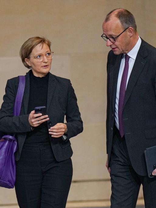 Franziska Brantner, Bundesvorsitzende der Grünen, schaut Friedrich Merz, Chef der CDU, an. Beide scheinen sich zu unterhalten, während sie durch das Plenum im Bundestag laufen.