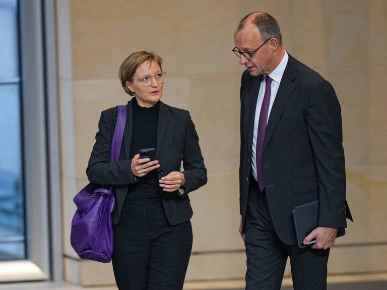 Franziska Brantner, Bundesvorsitzende der Grünen, schaut Friedrich Merz, Chef der CDU, an. Beide scheinen sich zu unterhalten, während sie durch das Plenum im Bundestag laufen.