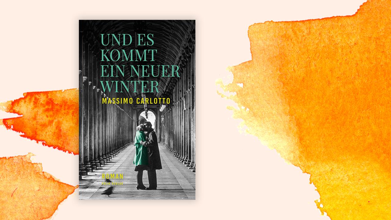Das Cover des Krimis von Massimo Carlotto, "Und es kommt ein neuer Winter", auf orange-weißem Hintergrund. Auf dem ist ein Paar zu sehen, das sich in einem Säulengang umarmt. Der Mantel der Frau ist grün. Autor und Titel stehen im oberen Bereich.  Das Buch findet sich auf der Krimibestenliste von Deutschlandfunk Kultur.